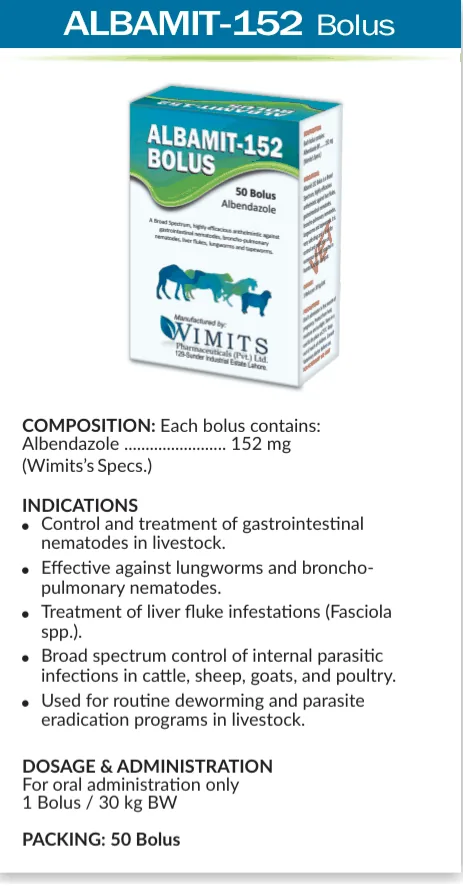 ALBAMIT-152 Bolus-Each bolus contains: Albendazole....152mg   (Wimits Specs) – Wimits Pharmaceuticals