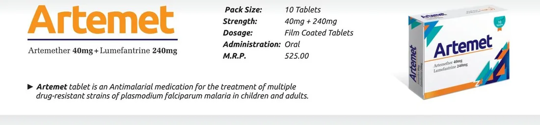Artemet Tablet (Artemether 40mg + Lumefantrine 240mg) detail image – Wimits Pharmaceuticals