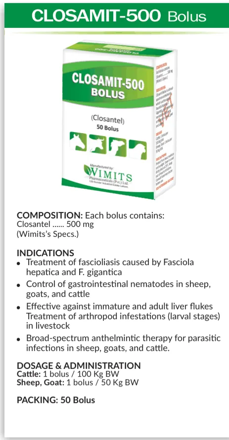 CLOSAMIT-500 Bolus-Each bolus contains: Closantel....500mg   (Wimits Specs)  – Wimits Pharmaceuticals