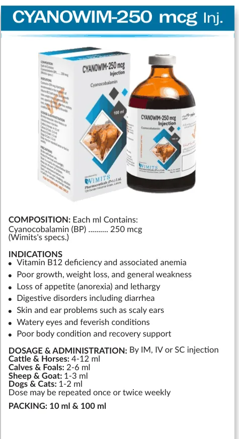 CYANOWIM-250mcg Injection-Each ml contains: Cyanocobalamin (BP)....250mcg    (Wimits Specs)– Wimits Pharmaceuticals