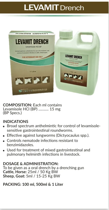 LEVAMIT Drench-Each ml contains: Levamisole HCl (BP)....15mg   (BS Specs) – Wimits Pharmaceuticals