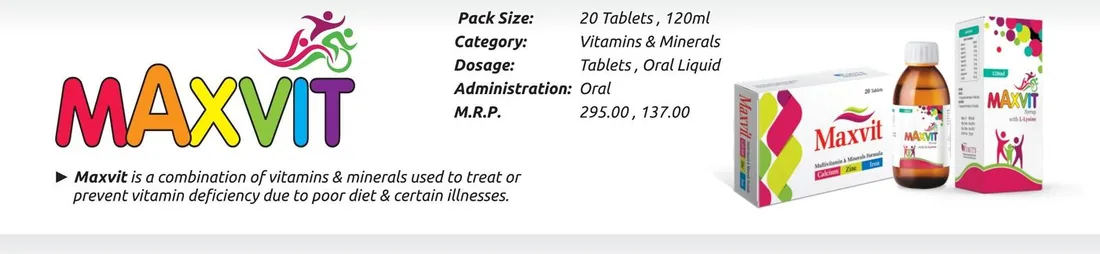 Maxvit Tablet / Syrup (Multivitamins + Calcium, Zinc, Iron (with L-Lysine)) detail image – Wimits Pharmaceuticals