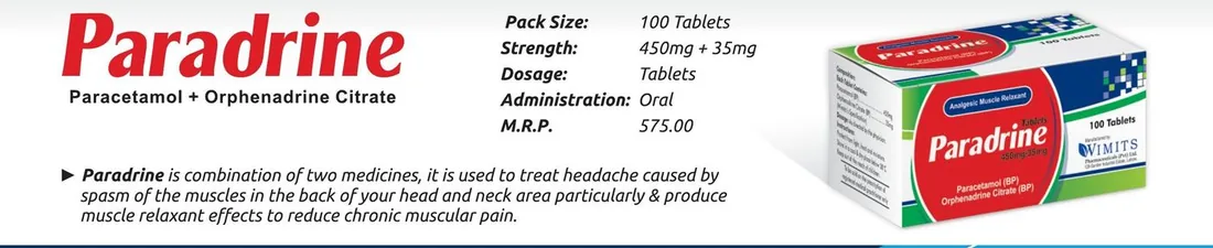 Paradrine Tablet (Paracetamol + Orphenadrine Citrate ) detail image – Wimits Pharmaceuticals