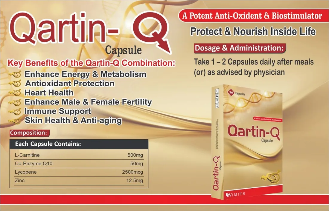 Qartin-Q Capsule-L-Carnitine....500mg   Co-Enzyme Q10....50mg   Lycopene....2500mcg   Zinc....12.5mg – WIMITS Pharmaceuticals