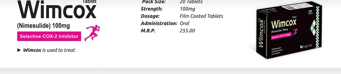Wimcox 100mg Tablet (Nimesulide........................100 mg) detail image – Wimits Pharmaceuticals